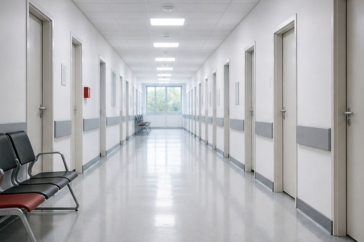 Jasny, pusty korytarz szpitala z rzędem zamkniętych drzwi i lśniącą posadzką