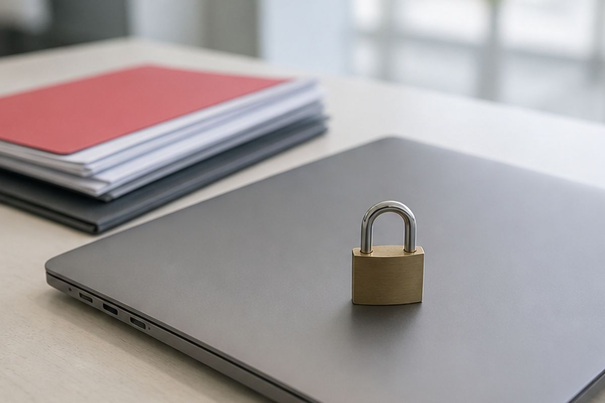 Zamknięty laptop z metalową kłódką położoną obok teczek z dokumentami