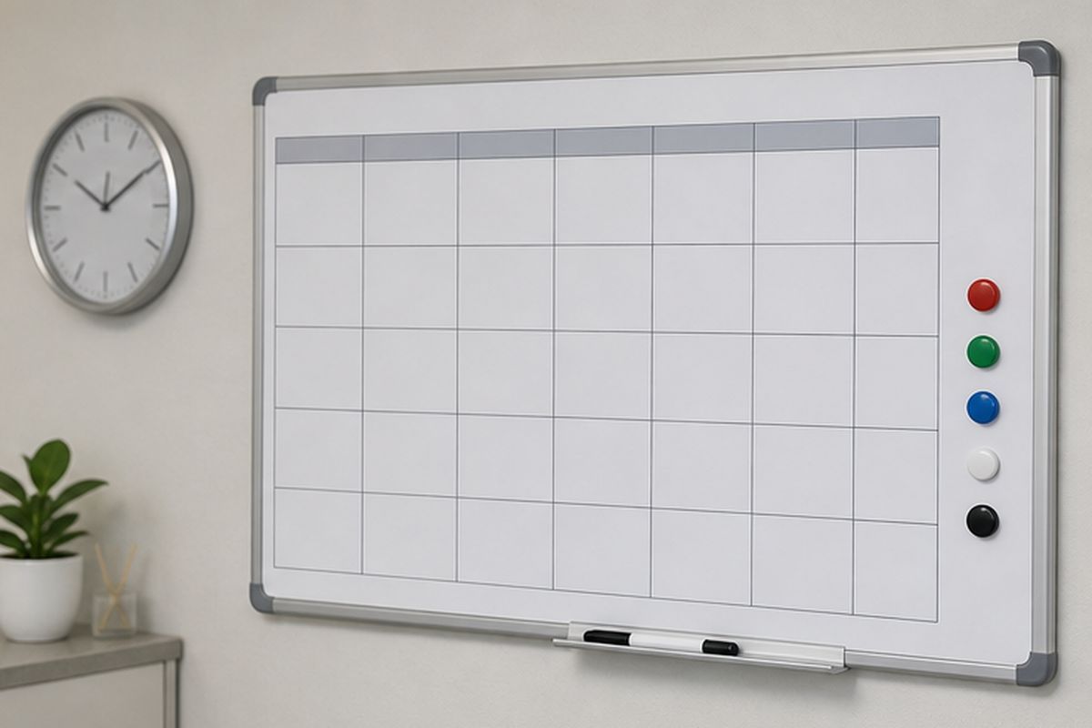 Tablica z miesięcznym grafikiem i kolorowymi magnesami w pokoju personelu przychodni